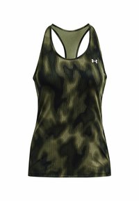Grünes Camouflage-Sporttanktop mit Racerback-Design. Hergestellt aus strukturiertem, atmungsaktivem Stoff mit vertikalen Streifen und einem kleinen Logo-Highlight.