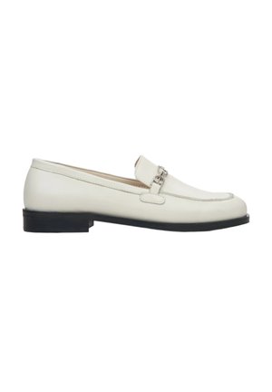 White leather loafers with a low black sole, featuring a decorative silver chain accent on the upper and stitched detailing along the edges.