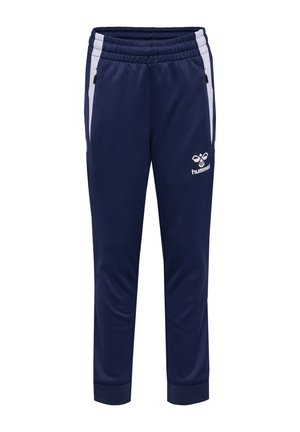 Marineblå sportbukser med elastisk talje, hvide sidelommer, lynlåslommer og hvid hummel-logo på venstre øverste ben.