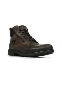 Stivaletto in pelle marrone con punta liscia, accenti in camoscio a contrasto, cerniera laterale e suola testurizzata. Design con lacci e dettagli di cucitura.