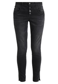 Černé skinny džíny z denimu s vysokým pasem, designem s pěti kapsami, pěti knoflíkovým zapínáním a dekorativními detaily na lemu.