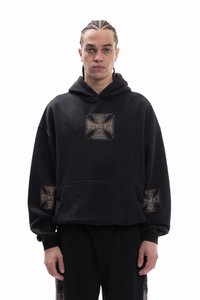 Black hooded sweatshirt made of cotton, featuring gold graphic designs on the chest and sleeves, with a front pouch pocket.