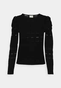 Haut noir en dentelle à manches longues avec épaules légèrement bouffantes, encolure ronde et motifs à rayures transparentes horizontales sur toute la surface.