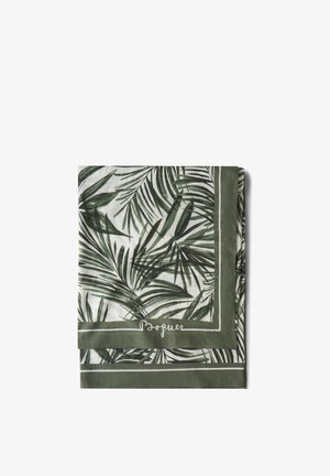 Složená látka s potiskem zelených palmových listů a olivově zeleným lemem s bílým ručně psaným nápisem "Bogue".