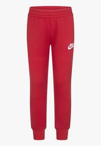 Röda mjukisbyxor av mjukt tyg, med elastisk midja och vitt Nike-logotyp på vänster lår. Ribbad mudd vid anklarna.