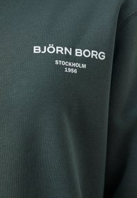 Zelená mikina vyrobená z jemnej látky, s bielym textom: "BJÖRN BORG, STOCKHOLM, 1956" na hrudi, s dizajnom okrúhlyho výstrihu.