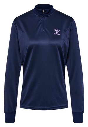Marineblauwe lange mouw pullover van gladde, gestructureerde stof met een hoge kraag en een halve rits, voorzien van een lichtpaarse logo.