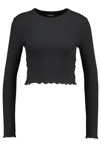 Schwarzes, langärmliges, crop-top in gerippter Textur; runder Halsausschnitt mit welligem Saum und figurnahen Schnitt. Weicher Stoff für Komfort.