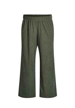 Pantalons larges verts avec une taille élastique, fabriqués en tissu doux avec une finition texturée, offrant une coupe décontractée.