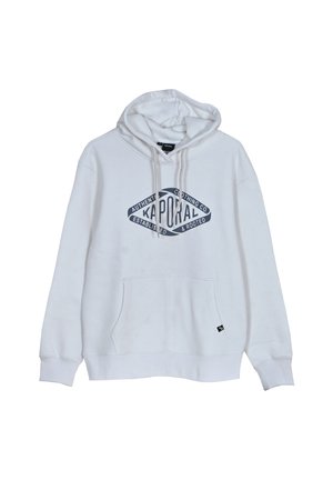 Witte hoodie met een grote blauwe grafische print met de tekst "Kaporal". Hij heeft een voorzak, een capuchon met trekkoord en geribde manchetten.