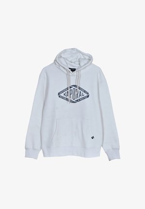 Bílá mikina s kapucí, na které je velký modrý grafický design s nápisem "Kaporal". Má přední kapsu, kapuci se stahovací šňůrkou a žebrované manžety.