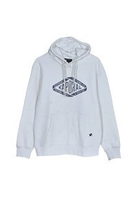 Biała bluza z kapturem wykonana z mieszanki bawełny, z przodem z kieszenią typu kangurka, sznurkami oraz centralnym graficznym logo w kolorze niebieskim.