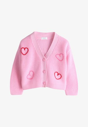 Rosa gestrickte Strickjacke mit herzförmiger Stickerei in Rot und Pink, Knöpfen vorne und einem V-Ausschnitt-Kragen.