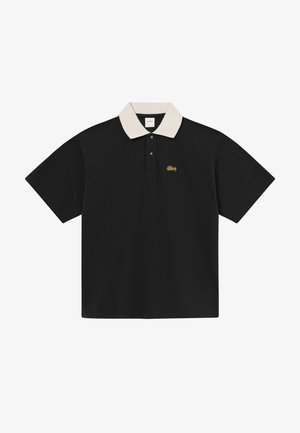 Black short-sleeve polo shirt with beige collar and two-button placket, featuring small yellow embroidered logo on left chest.