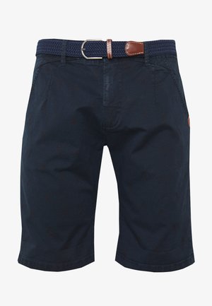 Shorts pour hommes bleu marine avec poches avant et ceinture tissée bleu marine ornée d'accents en cuir marron et d'une boucle argentée.