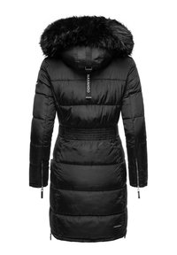 Black puffer coat with a detachable faux fur hood, elastic waist, zippered pockets, and branding label along the back. Smooth, quilted texture.
