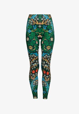 Többszínű leggings virágmintával, zöld, kék, piros és fehér árnyalatokkal; rugalmas anyagból készült, sima tapintású.