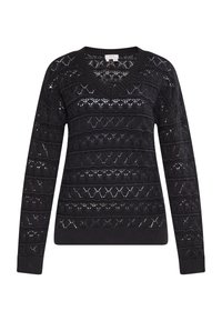 Pulover negru tricotat cu decolteu în V, având un design cu dantelă în dungi orizontale și manșete și tiv cu textură ribbed.
