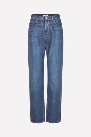 Light blue denim jeans with a straight-leg design, featuring a button fly, five-pocket styling, and subtle fading on the fabric.