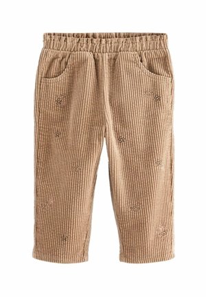 Pantalon beige en velours côtelé avec ceinture élastique et poches latérales, orné de petits motifs floraux brodés dispersés sur le tissu.