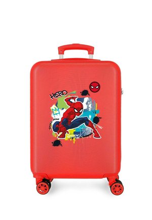 Maleta infantil de color rojo brillante con gráfico de Spider-Man, fondo de graffiti colorido y cuatro ruedas rojas a juego.