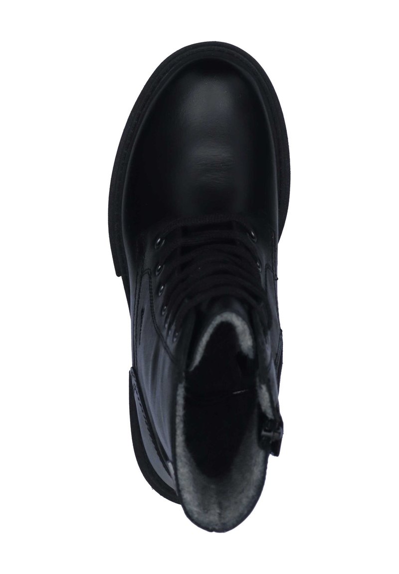 Schwarze Lederstiefelette mit glatter Oberfläche, Schnürdesign, gepolsterter Kragen und runder Zehenpartie, ausgestattet mit einem weichen Futter für zusätzlichen Komfort.