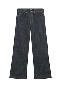 Donkerblauwe wijde jeans met steekzakken, riemlussen en knoopsluiting, plat neergelegd op een witte achtergrond.