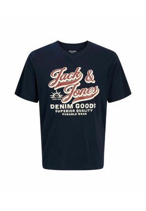 Sötétkék pamut póló, nagy grafikával, piros és fehér szöveggel, ami ezt mondja: "Jack & Jones Denim Goods Superior Quality."