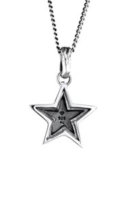Silver star pendant with a polished finish, featuring a 925 silver stamp, suspended from a delicate chain. Textured bail detail.