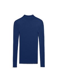 Haut bleu marine côtelé à manches longues avec un col montant. Texture douce avec une coupe ajustée. Présente un petit logo près de l'ourlet inférieur gauche.