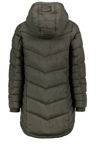 Olivengroene doorgestikte lange pufferjas met capuchon, geribbelde manchetten en een rechthoekig label op de achterkant van de capuchon.