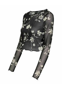 Top lungo trasparente nero con un motivo floreale bianco. Design corto con scollatura rotonda e dettagli in pizzo sul bordo.