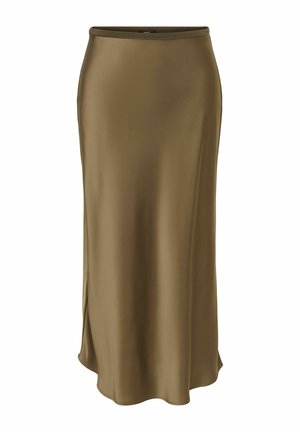Jupe midi en satin marron avec une légère évasement et une ceinture lisse, présentée sur fond blanc.