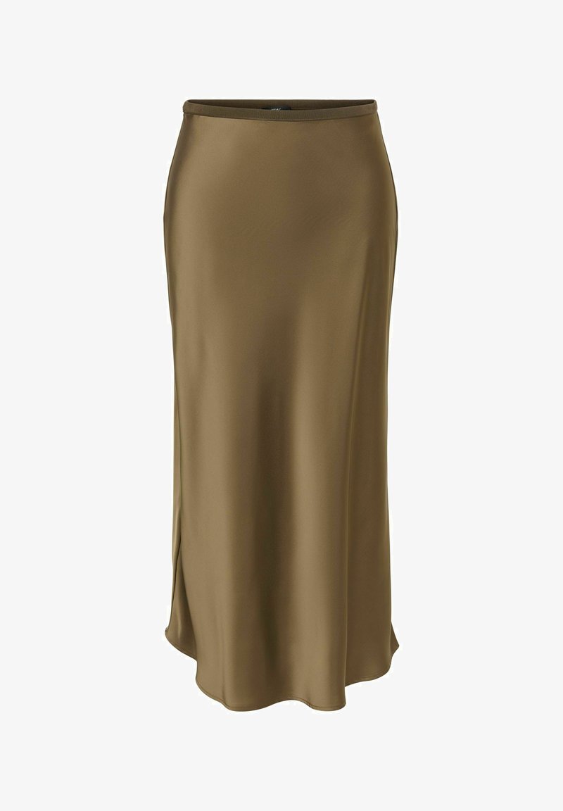 Jupe midi en satin marron avec une légère évasement et une ceinture lisse, présentée sur fond blanc.