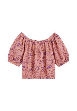 Off-shoulder lyserød bluse med puffede korte ærmer og lilla abstrakte blomster- og geometriske mønstre.