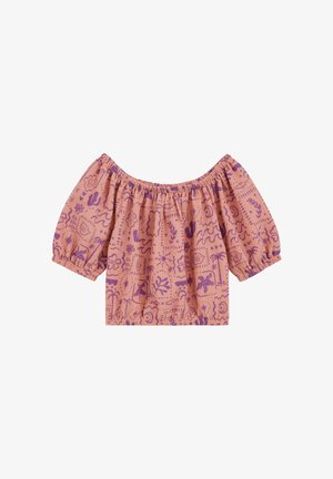 Bluza roz pe umeri, cu mâneci scurte bufante și modele abstracte florale și geometrice purpurii.