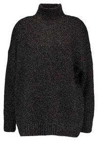 Black, chunky knit sweater with a high neck, loose fit, and ribbed cuffs. Contains subtle flecks of color throughout the fabric.