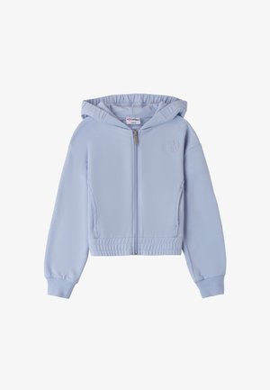 Sudadera de cremallera en azul claro, hecha de un tejido suave. Presenta una capucha, puños y dobladillo acanalados, con un logotipo sutil en la parte delantera.