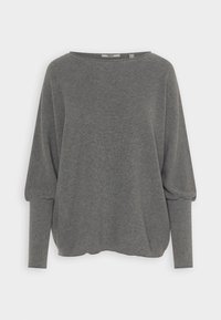 Maglione grigio a coste con ampia scollatura a barca, maniche oversize e polsini a sigaretta. Tessuto morbido, vestibilità rilassata, progettato per il comfort.