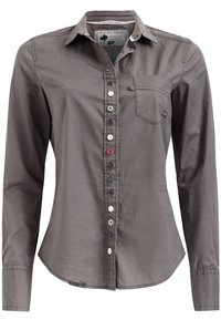 Grå langærmet skjorte i letvægtsstof med knaplukning foran, brystlomme og flerfarvede knapper langs knapstolpen.