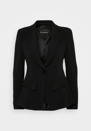 Black blazer with a fitted design, peak lapels, single button closure, and two front pockets. Smooth texture with a satin lining inside.