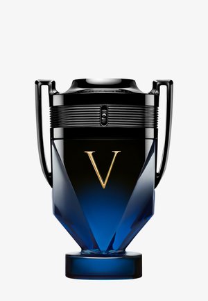 Blue and black trophy with a gold letter "V" on the front, featuring two black handles and a ridged top section.