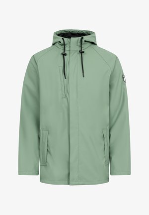 Hellgrüne wasserdichte Jacke mit Kapuze, Frontreißverschluss, verstellbaren Kordeln und zwei Seitentaschen. Sie hat eine elegante, glatte Textur.