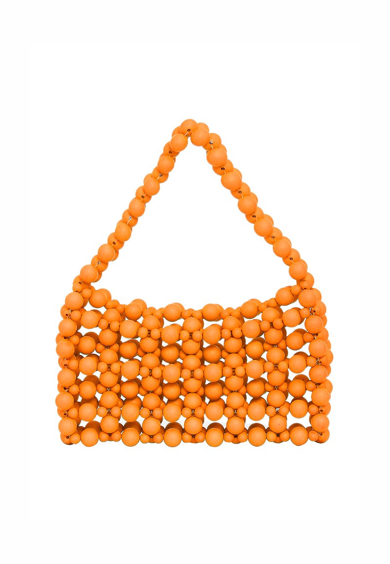 Borsa di perline arancione con una tracolla triangolare, caratterizzata da un motivo a griglia di perline rotonde di diverse dimensioni e una texture liscia.