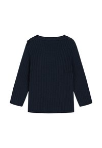 Marineblauer Strickpullover mit gerippter Textur, langen Ärmeln und runder Ausschnitt. Verfügt über Knöpfe an der Schulter für Details.