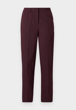 Pantalon droit bordeaux avec une texture lisse, présentant un devant plat et sans poches visibles. Coupe ajustée avec une coupe classique.