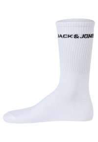 Weißer Baumwollsocken mit gerippter Textur, featuring ein schwarzes "JACK & JONES"-Logo nahe der Oberseite. Gerader Schnitt, enganliegendes Design.