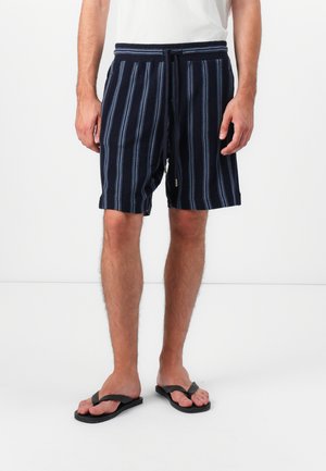Shorts de bain rayés navy avec taille élastique à cordon, présentant des rayures verticales bleu clair, et une texture de tissu lisse. Claquettes noires.