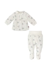 Ensemble pour bébé en deux pièces, en tissu blanc doux avec des imprimés colorés et ludiques. Comprend un haut à manches longues et un pantalon avec pieds, tous deux avec une coupe ajustée.