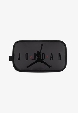 Black rectangular pouch featuring a black silhouette of a jumping figure with a basketball, alongside the word "JORDAN" in bold red and black letters.
